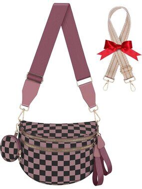 Women's Khaki Checkered Crossbody Bum Bag Nylon Belt Purse Wallets Extra Strap